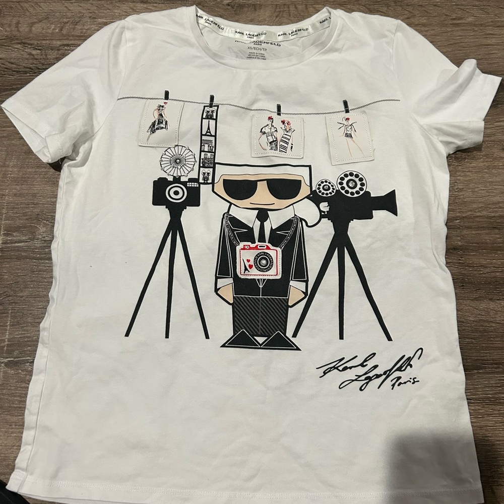 Karl Lagerfeld White Tee with Black & Tan Camera Cartoon